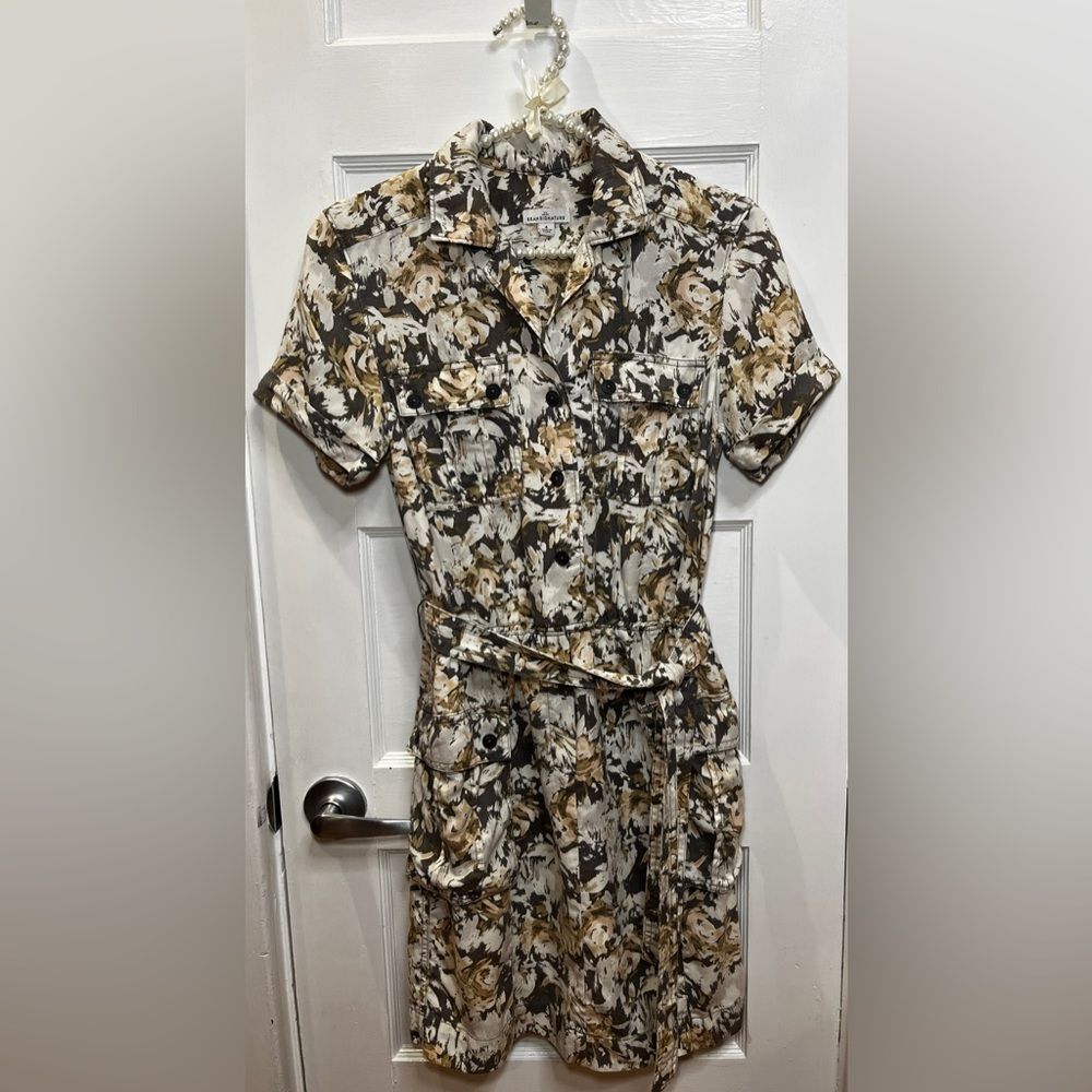 L.L. Bean Signature Short Sleeve Floral Utility Waist Tie Dress Size 4 Floral